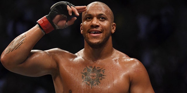 Ciryl Gane celebrates after defeatingTai Tuivasa during the Ultimate Fighting Championship event at the Accor Arena in Paris, on Sept. 3, 2022.
