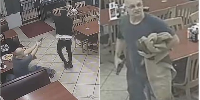 Houston police are looking to question a man seen on video shooting and killing an armed robbery suspect