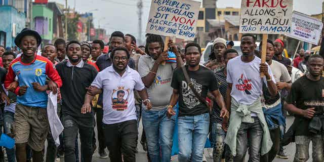 Residents of Goma, Democratic Republic of the Congo, protest on Jan. 18, 2023, against the scheduled arrival of South Sudanese troops set to join Kenyan forces deployed to assist the Congolese army in its fight against M23 rebels. Police fired tear gas at the protestors.