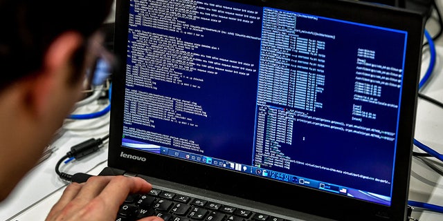 A person works at a computer during the 10th International Cybersecurity Forum in Lille on January 23, 2018. 