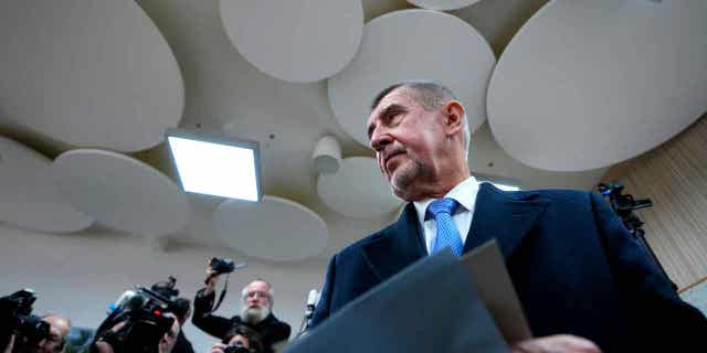 Presidential candidate Andrej Babis arrives to cast his vote at a polling station in Pruhonice, Czech Republic, on Jan. 13, 2023.