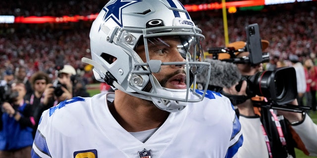 Dallas Cowboys quarterback Dak Prescott reacts after the San Francisco 49ers game in Santa Clara, California on Sunday, January 22, 2023.