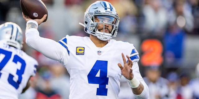 Dallas Cowboys quarterback Dak Prescott, #4, throws a pass during the NFL NFC Divisional Playoff game between the Dallas Cowboys and San Francisco 49ers on Jan. 22, 2023, at Levis Stadium in Santa Clara, California.