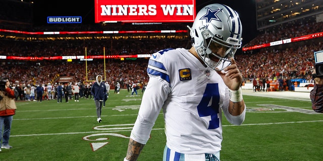 Dallas Cowboys quarterback Dak Prescott walks off the field after a divisional round playoff game against the San Francisco 49ers in Santa Clara, California on Sunday, January 22, 2023.