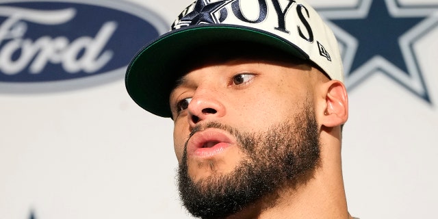 Dallas Cowboys quarterback Dak Prescott speaks at a news conference after an NFL divisional playoff football game against the San Francisco 49ers, Sunday, Jan. 22, 2023, in Santa Clara, Calif.