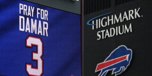 A sign shows support for Buffalo Bills safety Damar Hamlin outside Highmark Stadium on Tuesday, Jan. 3, 2023, in Orchard Park, N.Y.