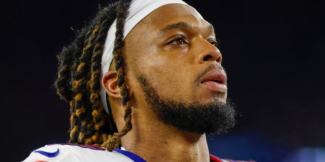 Buffalo Bills defensive back Damar Hamlin, #3, leaves the field after an NFL football game against the New England Patriots, Thursday, Dec. 1, 2022, in Foxborough, Massachusetts.