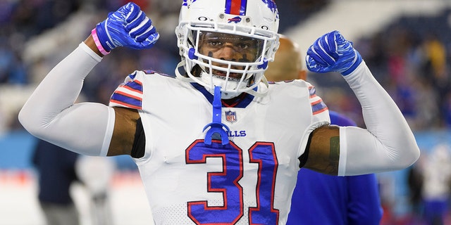 FILE - Buffalo Bills safety Damar Hamlin (31) prior to an NFL football game against the Tennessee Titans on Monday, Oct. 18, 2021, in Nashville, Tennessee.