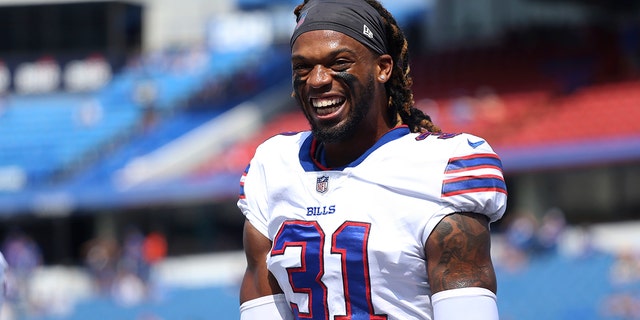 Buffalo Bills safety Damar Hamlin smiles prior to the start of the first half of a preseason NFL football game, Saturday, Aug. 28, 2021, in Orchard Park, N.Y.