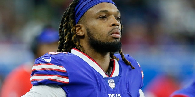 FILE - Buffalo Bills safety Damar Hamlin looks on during the second half of an NFL football game against the Cleveland Browns on Nov. 20, 2022, in Detroit. 