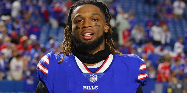 Damar Hamlin and the Buffalo Bills play against the Tennessee Titans at Highmark Stadium on September 19, 2022 in Orchard Park, New York.  Since Hamlin's recovery from cardiac arrest in January 2023, he has expressed how his injury can be used to show faith in God and love for his sport. 