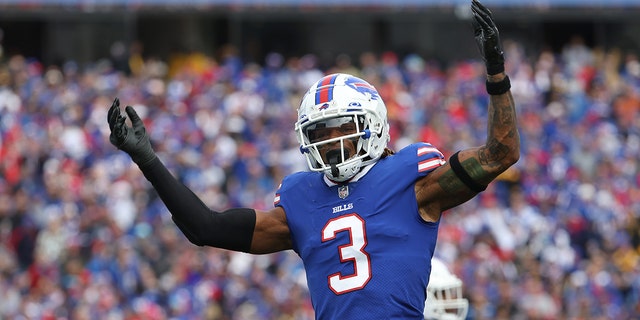 Damar Hamlin #3 of the Buffalo Bills reacts after a missed Pittsburgh Steelers field goal during the second quarter at Highmark Stadium on October 9, 2022 in Orchard Park, New York.