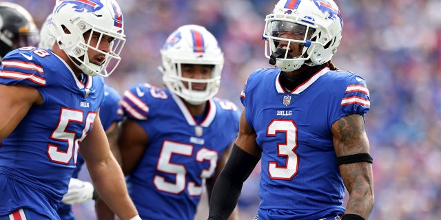 Damar Hamlin (3) of the Buffalo Bills reacts after a tackle for a loss against the Pittsburgh Steelers during the first quarter at Highmark Stadium on October 9, 2022 in Orchard Park, NY