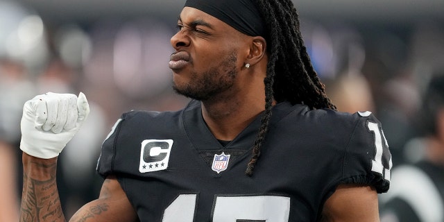 Davante Adams #17 of the Las Vegas Raiders reacts against the San Francisco 49ers during the third quarter at Allegiant Stadium on January 1, 2023 in Las Vegas, Nevada.