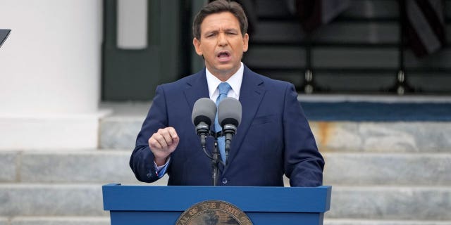 Florida Gov. Ron DeSantis speaks to the crowd after being sworn in to begin his second term during an inauguration ceremony outside the Old Capitol, Jan. 3, 2023, in Tallahassee, FL.