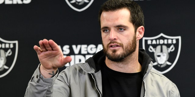 Las Vegas Raiders quarterback Derek Carr meets with reporters after an NFL football game against the Pittsburgh Steelers in Pittsburgh, Saturday, December 24, 2022.