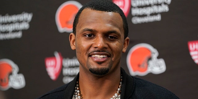 Cleveland Browns quarterback Deshaun Watson talks to reporters after a 24-10 victory over the Washington Commanders, Sunday, Jan. 1, 2023, in Landover, Md. 