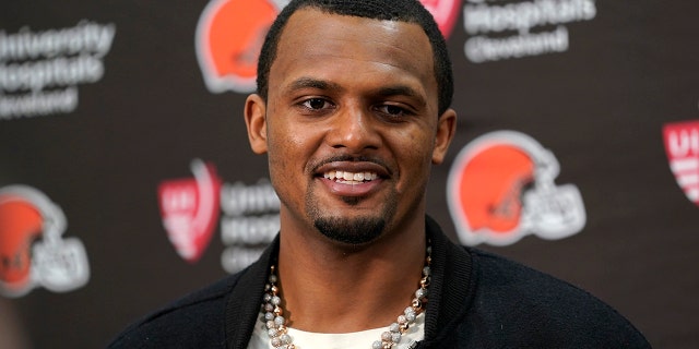 Cleveland Browns quarterback Deshaun Watson talks to reporters after a 24-10 victory over the Washington Commanders, Sunday, Jan. 1, 2023, in Landover, Md. 