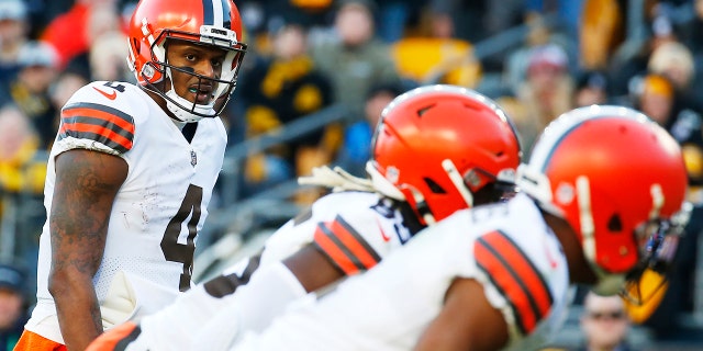 Deshaun Watson #4 of the Cleveland Browns watches during the second half of the game against the Pittsburgh Steelers at Acrisure Stadium on January 8, 2023 in Pittsburgh, Pennsylvania.