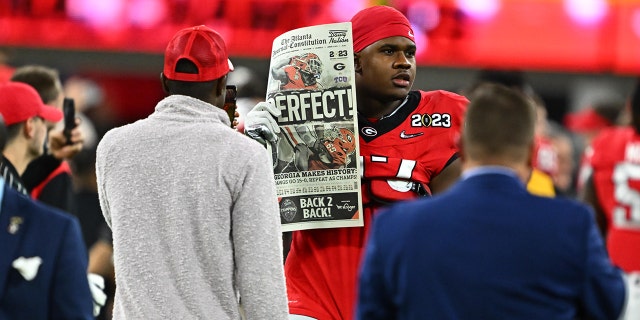 Georgia's Devin Willock celebrates after winning the national championship at SoFi Stadium in Inglewood, California on January 9, 2023.