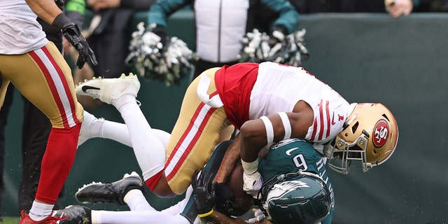 Philadelphia Eagles wide receiver DeVonta Smith, #6, makes against San Francisco 49ers cornerback Jimmie Ward, #1, during the first quarter in the NFC Championship game at Lincoln Financial Field in Philadelphia Jan. 29, 2023.