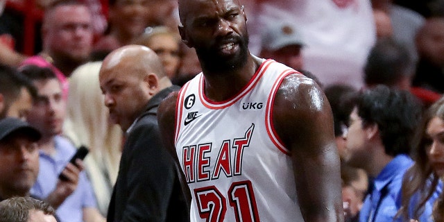 Dewayne Dedmon, #21 of the Miami Heat, reacts as he is ejected from the game during the second quarter against the Oklahoma City Thunder at FTX Arena on January 10, 2023 in Miami.