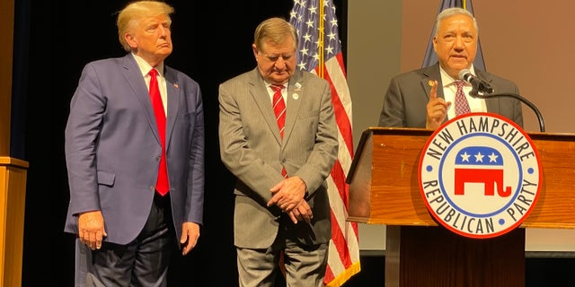 Former President Donald Trump (left), after giving the headline address at the New Hampshire GOP annual meeting, in Salem, New Hampshire on Jan. 28, 2023. Trump is joined by outgoing NHGOP chair Steve Stepanek (center), who is joining Trump's campaign as a senior adviser in New Hampshire, and by RNC committee member Chris Ager (right), who is succeeding Stepanek as chair