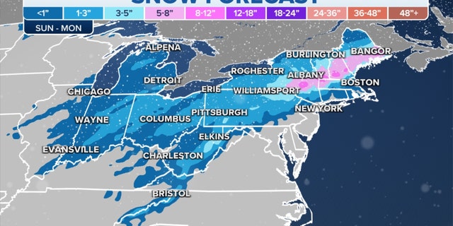The snow forecast in the Northeast from Sunday to Monday