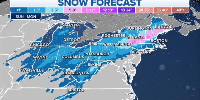The snow forecast in the Northeast from Sunday to Monday