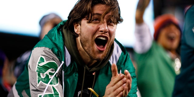 A Philadelphia Eagles fan cheers during the fourth quarter of the NFC Championship against the San Francisco 49ers at Lincoln Financial Field, Jan. 29, 2023, in Philadelphia.