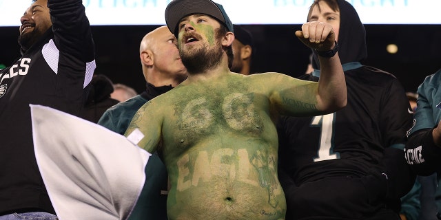 A Philadelphia Eagles fan celebrates during the NFC championship game against the San Francisco 49ers at Lincoln Financial Field Jan. 29, 2023, in Philadelphia.