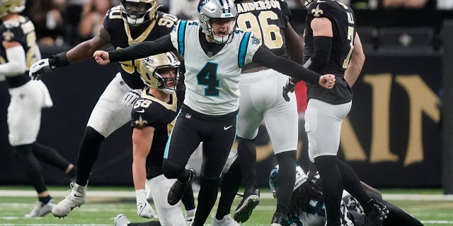 Carolina Panthers place kicker Eddy Pineiro celebrates after kicking the winning field goal during the second half an NFL football game between the Carolina Panthers and the New Orleans Saints in New Orleans, Sunday, Jan. 8, 2023.