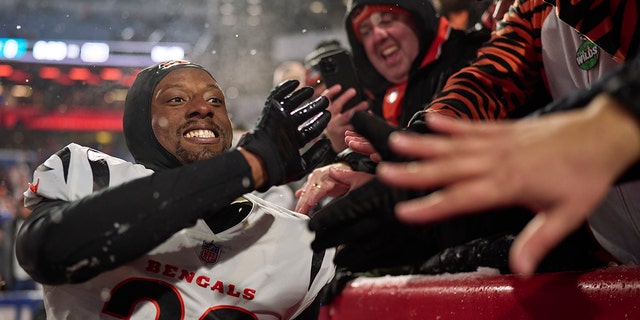 Eli Apple, number 20 of the Cincinnati Bengals, celebrates after defeating the Buffalo Bills at Highmark Stadium on January 22, 2023 in Orchard Park, New York.