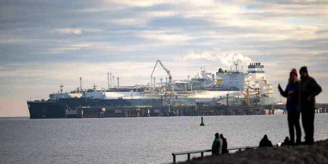 A tanker loaded with liquefied natural gas at a floating terminal in Wilhelmshaven, Germany, on Jan. 3, 2023. The European Union announced that natural gas storage levels stand at 84% despite Russia attempting to cut off the supply.