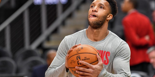 Hawks guard Evan Turner prepares to shoot before a Boston Celtics game at State Farm Arena in Atlanta on February 3, 2020.