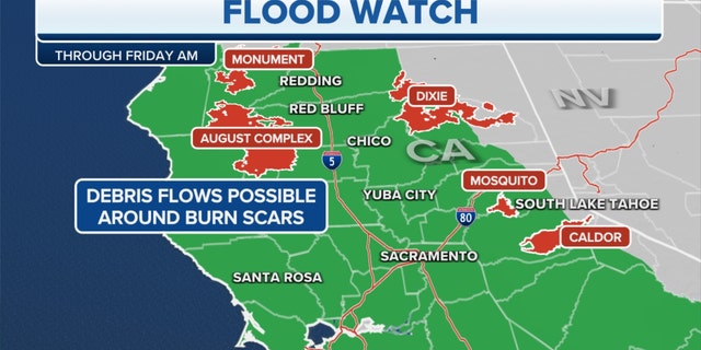 A flood watch in Central California through Friday morning