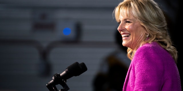 First Lady Jill Biden speaks at a campaign rally for Democratic gubernatorial candidate Wes Moore at Bowie State University on Nov. 7, 2022, in Bowie, Maryland. 