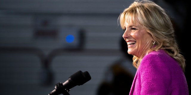 First Lady Jill Biden speaks at a campaign rally for Democratic gubernatorial candidate Wes Moore at Bowie State University on Nov. 7, 2022, in Bowie, Maryland. 