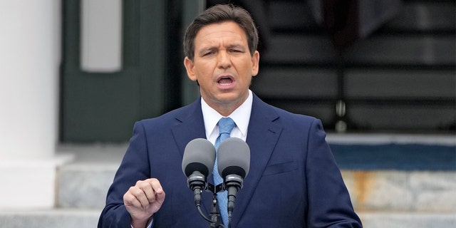 Florida Governor Ron DeSantis speaks after being sworn in for a second term during an inauguration ceremony outside the Old Capitol on January 3, 2023 in Tallahassee, Florida.
