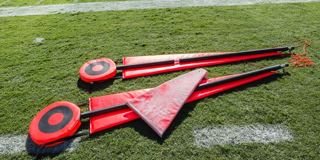 A pair of down markers on the sidelines of the Pac-12 game between the Stanford Cardinal and the Arizona State University Sun Devils on Sept. 30, 2017, in Palo Alto, California.