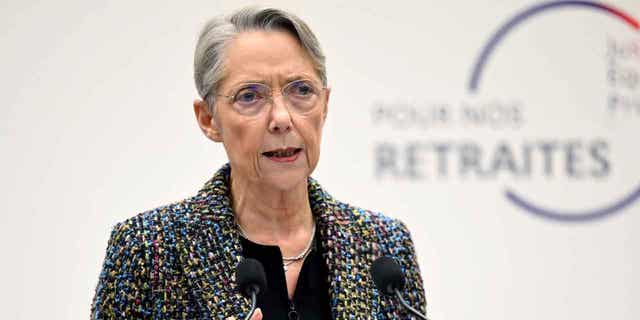 French Prime Minister Elisabeth Borne delivers a speech during a press conference in Paris on Jan. 10, 2023. Borne is unveiling pension plan that will raise the retirement age by 2030.