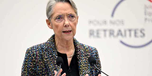 French Prime Minister Elisabeth Borne delivers a speech during a press conference in Paris on Jan. 10, 2023. Borne is unveiling pension plan that will raise the retirement age by 2030.