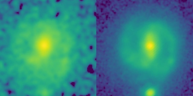 La capacidad de JWST para mapear galaxias a mayor resolución y longitudes de onda infrarroja más largas que el Hubble le permite mirar a través del polvo y revelar la estructura subyacente y la masa de galaxias distantes.  Esto se puede ver en estas dos imágenes de la galaxia EGS23205, vista hace aproximadamente 11 mil millones de años.  En la imagen del HST (izquierda, tomada con el filtro de infrarrojo cercano), la galaxia es poco más que una mancha en forma de disco cubierta de polvo y afectada por el resplandor de las estrellas jóvenes, pero en la imagen correspondiente del infrarrojo medio del JWST (tomada ).  el verano pasado), es una hermosa galaxia espiral con una barra estelar distintiva. 