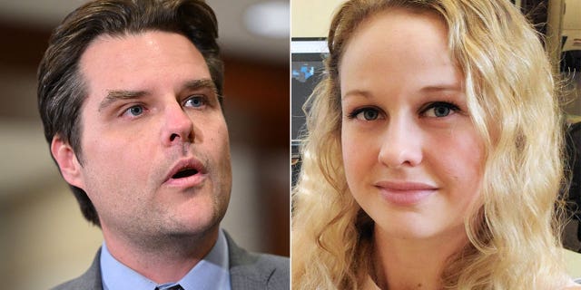 A side by side picture of Rep. Matt Gaetz and whistleblower Rebekah Jones. Gaetz defeated Jones in the 2022 midterm elections.