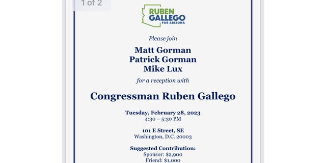 A campaign flyer from the Senate campaign of Rep. Ruben Gallego, D-Ariz., advertises a fundraiser with prominent Democrat lobbyists.