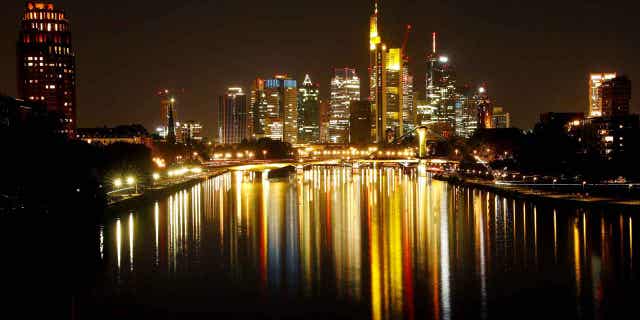 The skyline with its financial district is photographed in the early evening in Frankfurt, Germany, on Sept. 18, 2018. The country is expected to narrowly avoid a recession in 2023 as inflation eases.