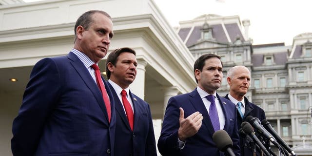 Sens. Marco Rubio and Rick Scott, along with Rep. Mario Diaz-Balart and Florida Gov. Ron DeSantis, speak to reporters after a meeting with President Donald Trump at the White House on Jan. 22, 2019.