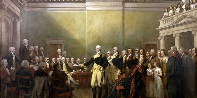 General George Washington resigns his commission on Dec. 23, 1793, in front of Congress in Annapolis. Painting by John Trumbull, circa 1824.