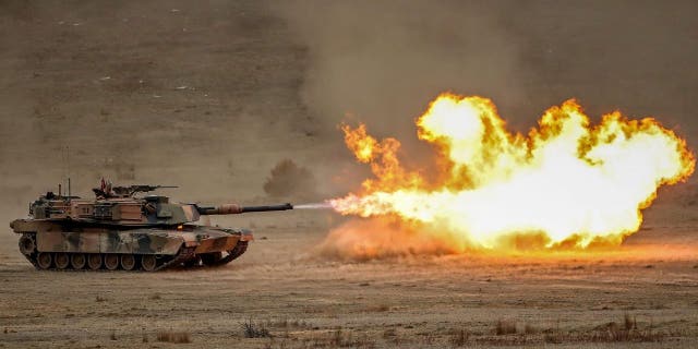 SEYMOUR, AUSTRALIA - MAY 09: A M1A1 Abrams main battle tank fires during Exercise Chong Ju at the Puckapunyal Military Area on May 09, 2019 in Seymour, Australia. 