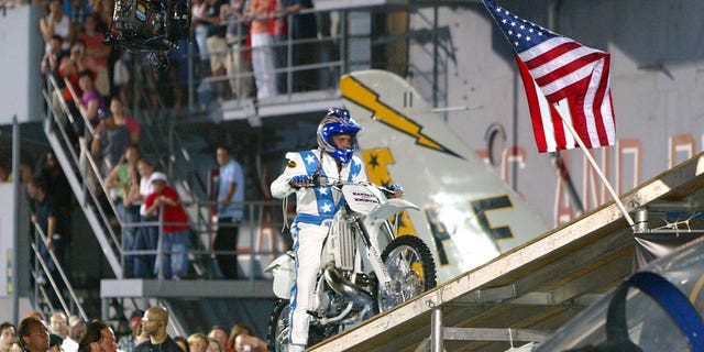 Robbie Knievel Jumps the USS Intrepid in New York City.